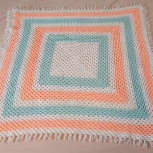 Vintage Handmade Handknit Peach, Blue & White Afghan Baby Blanket 38" x 38"
